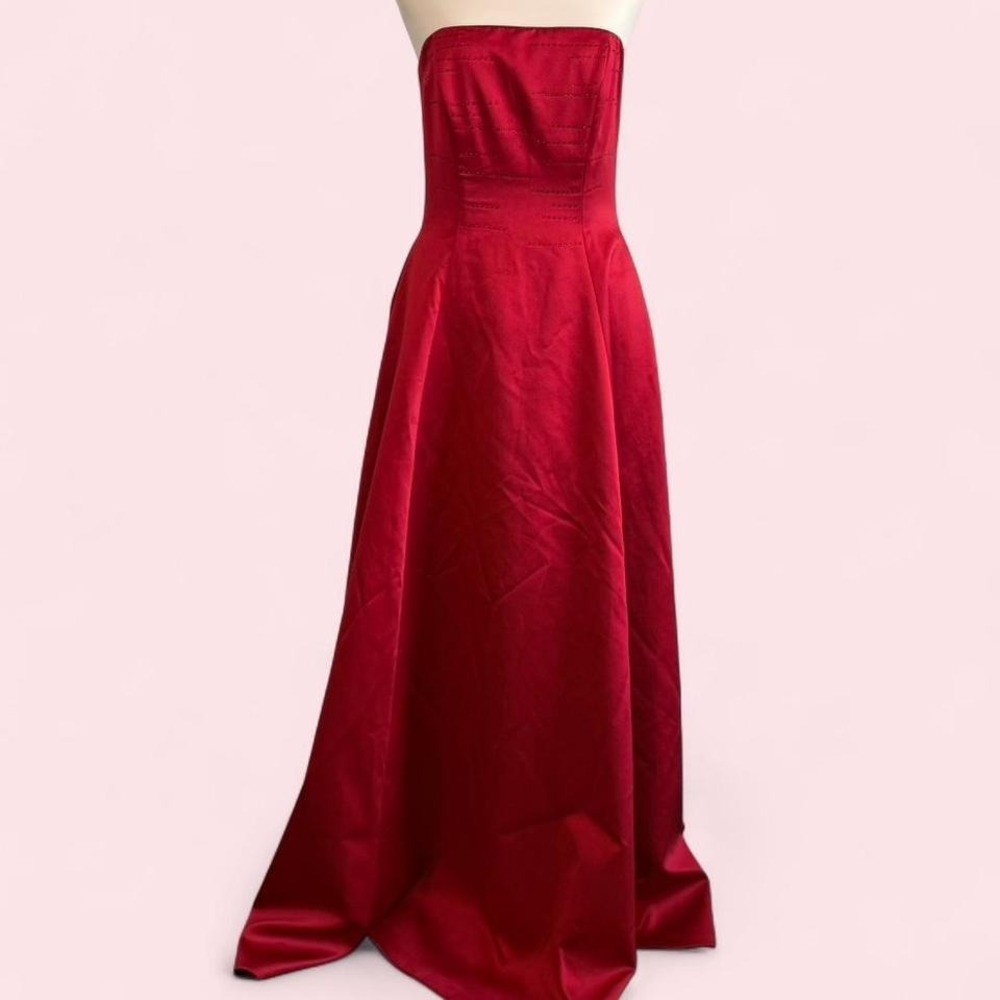 Red Satin Strapless A-Line Dress with Tonal Rhinestone Detail — Size 8